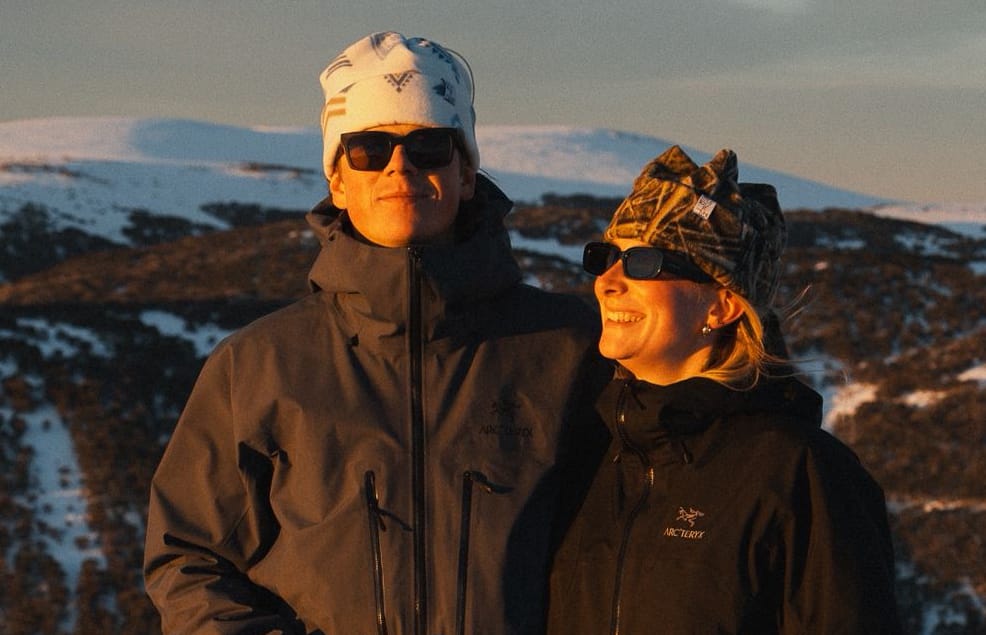 WARM AND FASHIONABLE: Kelsey Watkins with her partner Charlie wearing their handmade beanies.