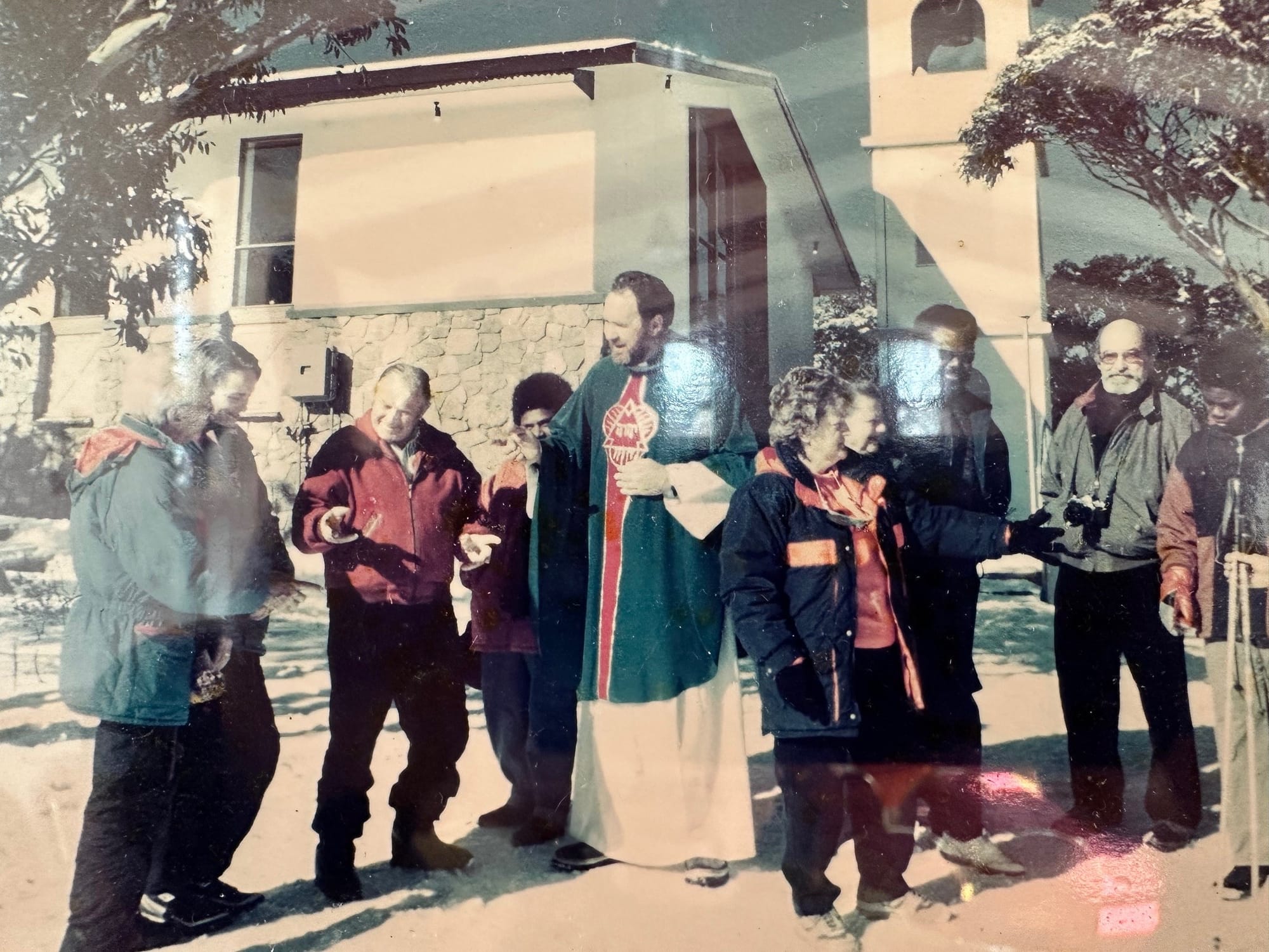 WELL DONE: Members of the Alpine Chapel congregations following the dedication of the bell tower - 1994.