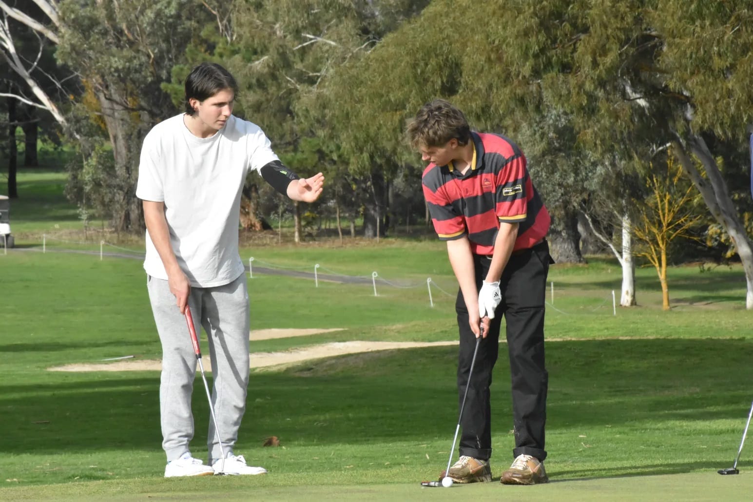 FINE INSTRUCTION: Aljaz De gleria Cade (left) gives his partner Charlie Farrell some finer points on putting during the golfing section of the day.