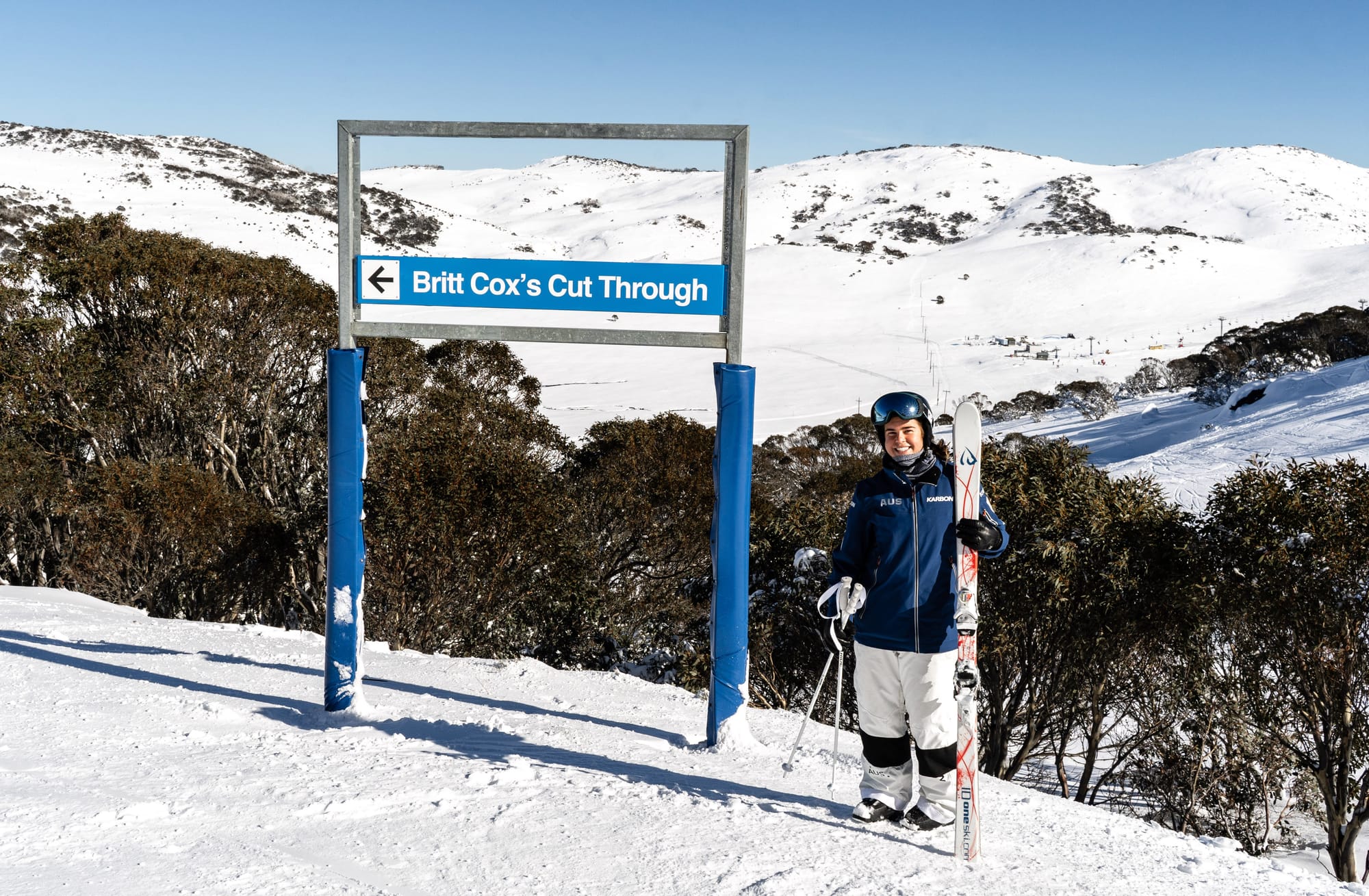 HER OWN RUN: Britt Cox  with the 'cut through' named in her honour at Falls Creek. PHOTO: Falls Creek Ski Lifts 