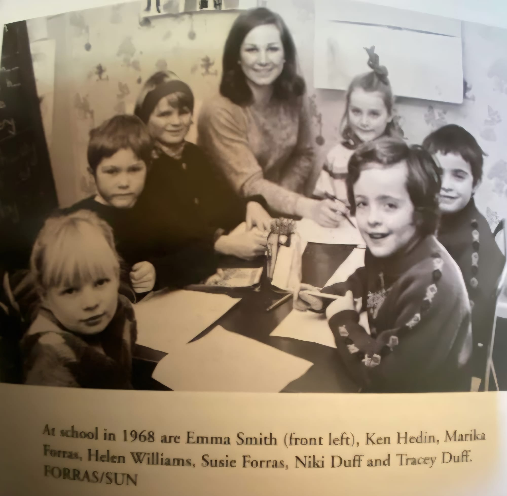 EARLY CLASSROOM: The students in a classroom in the early days with teacher Helen Headen (now Williams) (From f ront left) At school in 1968 are Emma Smith, Ken Hedin, Marika Forras, (right) Susie Forras, Niki Duff and Tracey Duff.