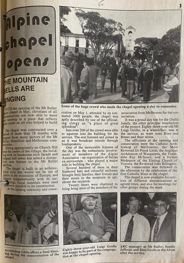 HISTORIC DAY: Mt Buller News covered the opening of the chapel 30 years ago, documenting the support of the local community in the initiative. 