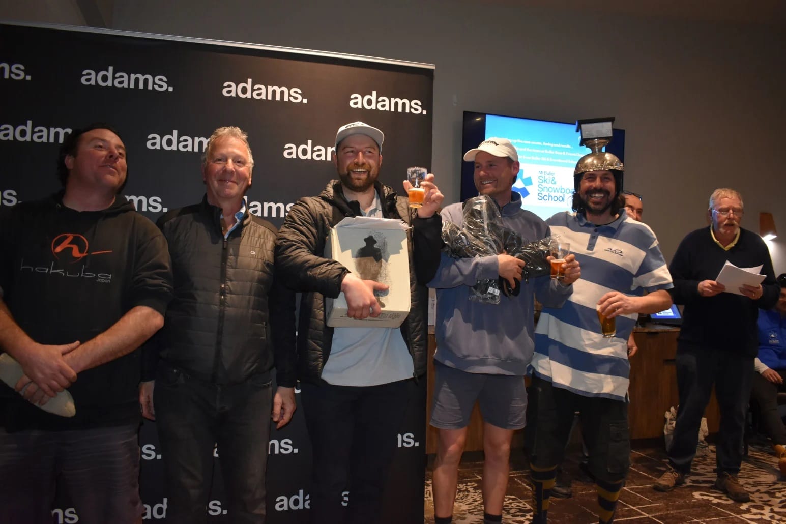 ALL SMILES: Partying hard after being announced the overall winners on the day were the team of 6 Beers and a Shot, Toby Leiman, Andrew Nortlock, James Octigan, Ivor Arandez, with Mark Adams (second left). PHOTO: Pam Zierk-Mahoney